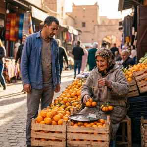 Vendor using balance scale to weigh oranges at market stall
