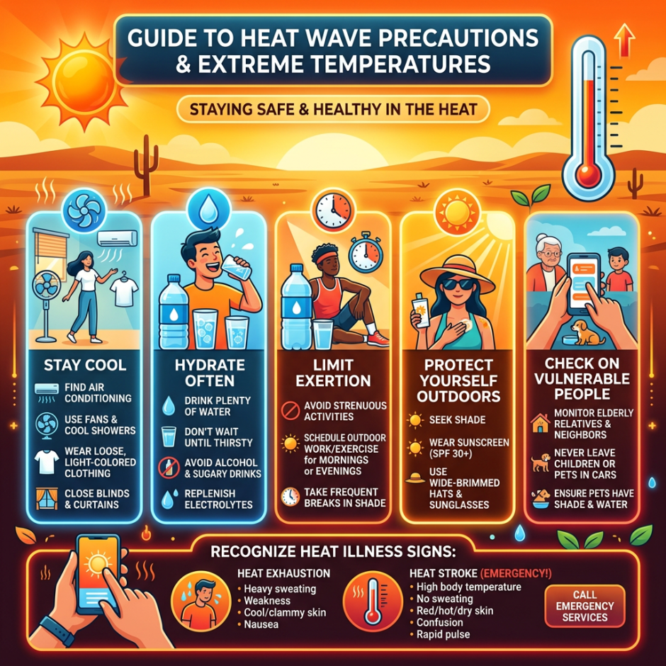Guide to heat wave precautions including stay cool, hydrate often, limit exertion, protect yourself outdoors, and check on vulnerable people.