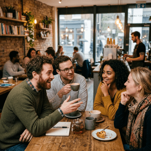 Group of four friends talking and drinking coffee at a cafe table