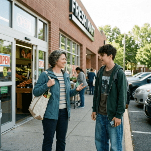 Woman with reusable bag talking to teenage boy outside grocery store