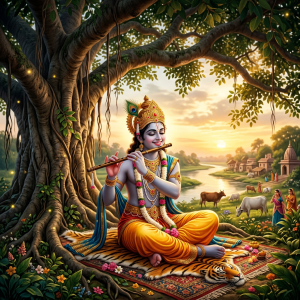 Krishna playing a flute beneath a tree beside a river and grazing cows