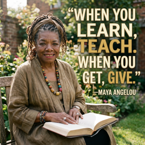 Woman reading open book beside text: “WHEN YOU LEARN, TEACH. WHEN YOU GET, GIVE.” —MAYA ANGELOU