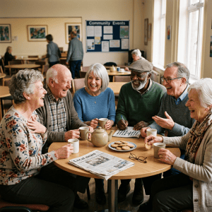 Six older adults laughing together over tea at a community center