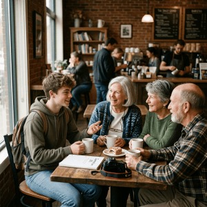 Student laughing with three older adults over coffee in a café