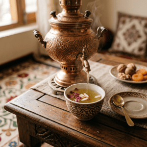Ornate copper samovar pouring floral tea into a patterned cup