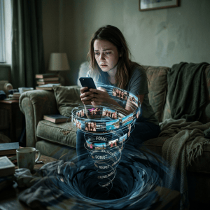 Worried woman using a phone amid swirling social media images and emotion labels